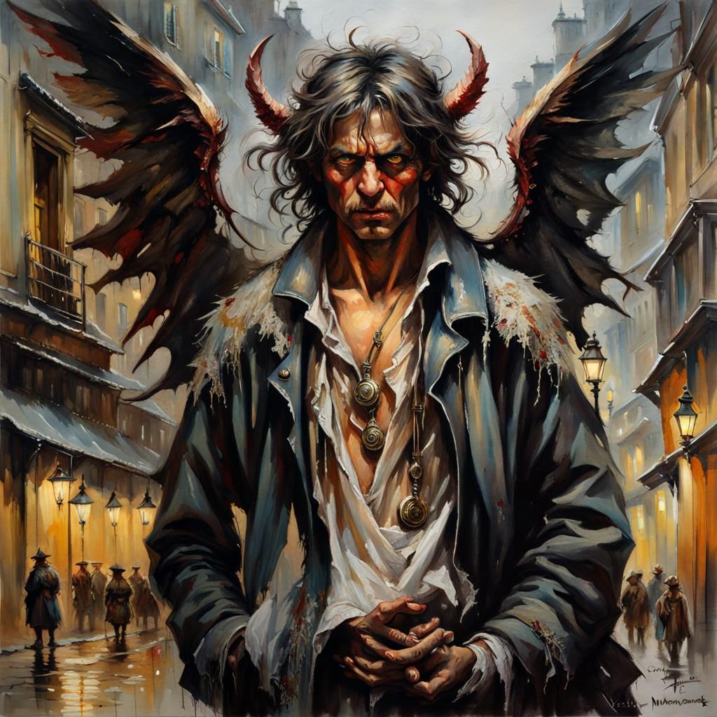 Despairing Demon-Angel in Ancient French Street