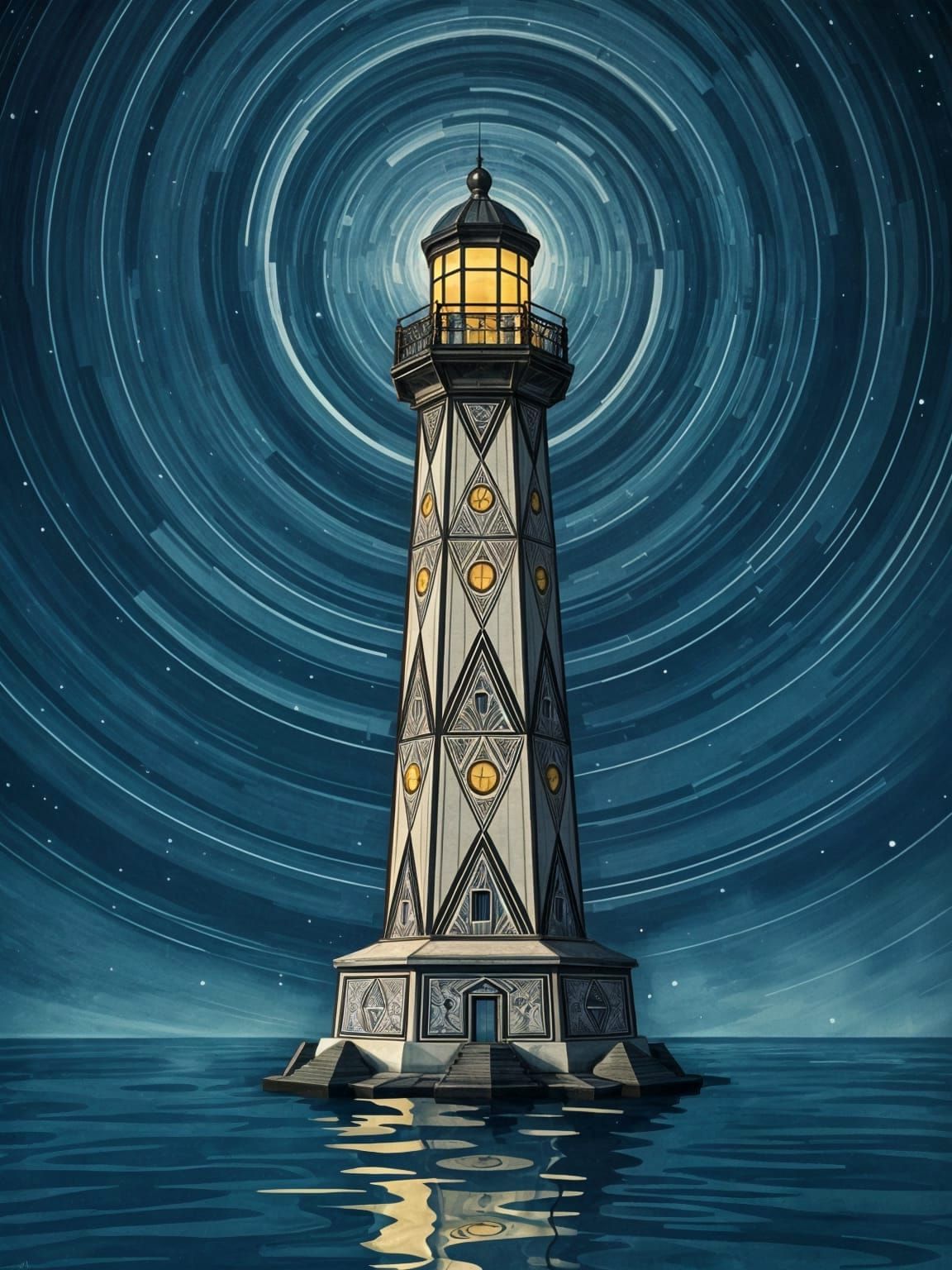 Art Deco Lighthouse on Starry Night Sea