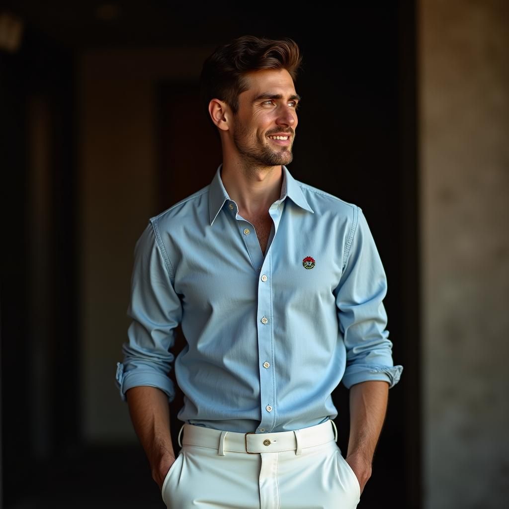 Male Model in Blue Shirt, Hyperrealistic Portrait