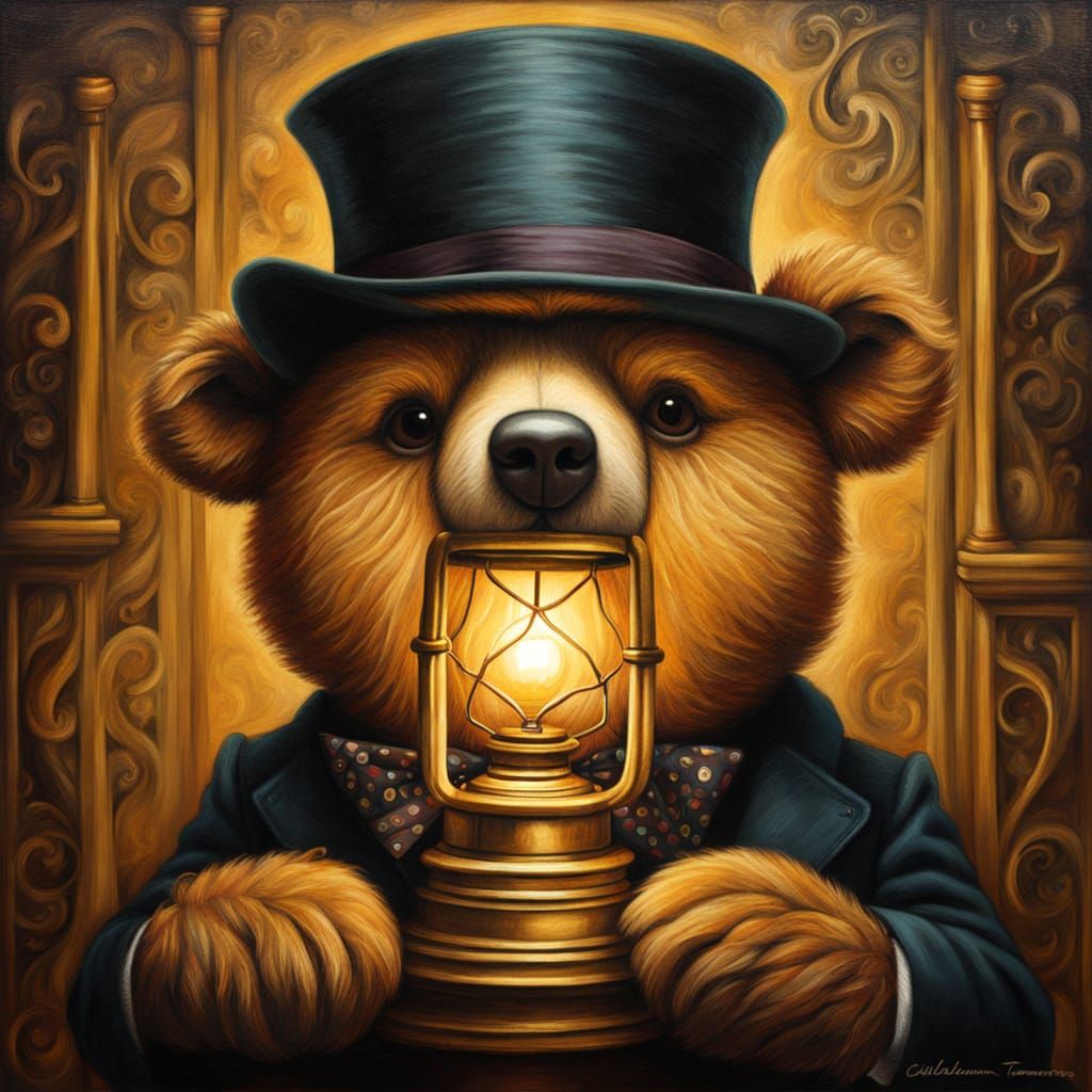 Teddy Bear in Top Hat with Tiffany Lamp Oil Painting