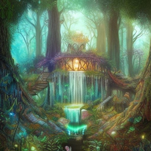 Enchanted Forest with Illuminated Waterfalls in Splash Art