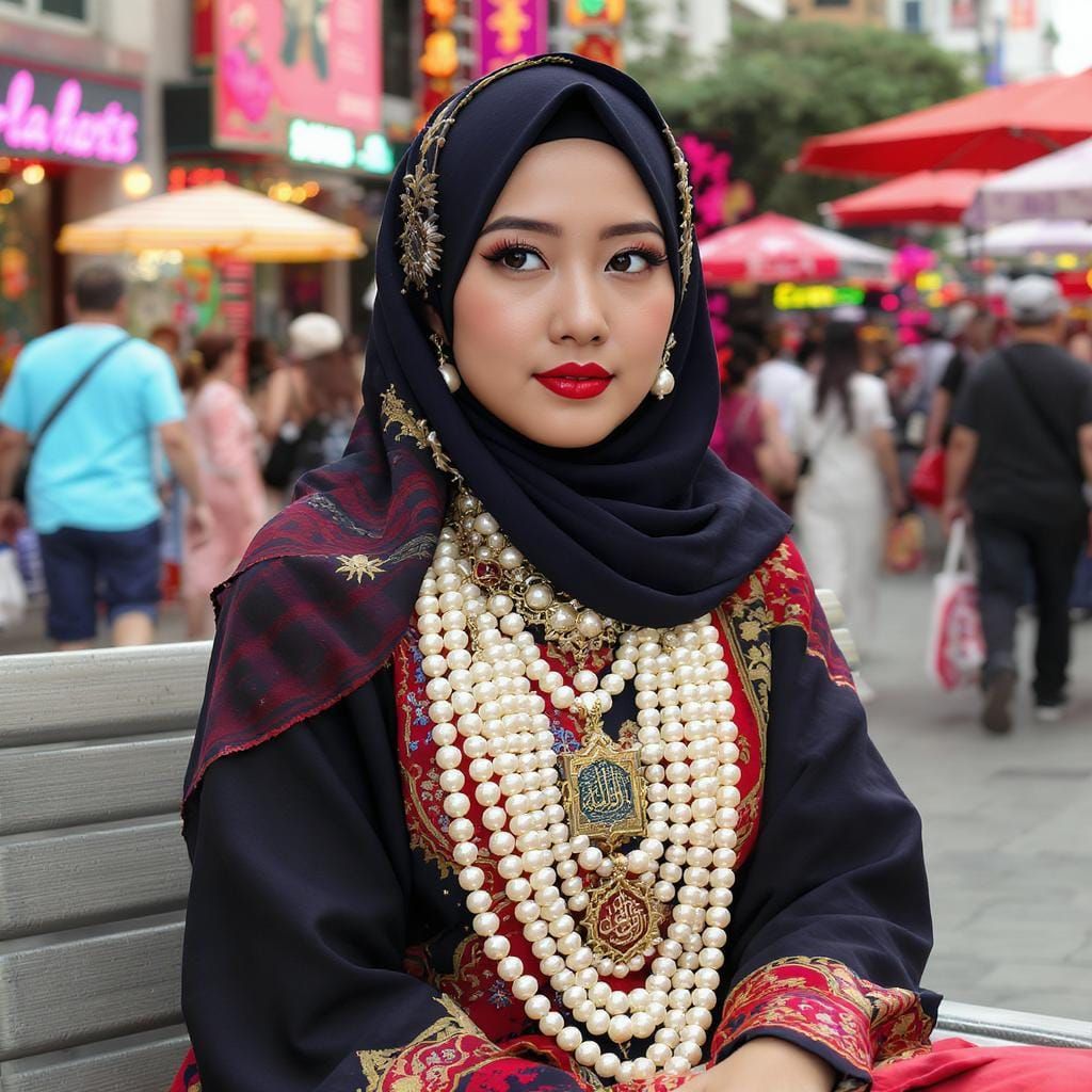 Elegant Hijab with Pearl Jewelry in Vibrant Public Space
