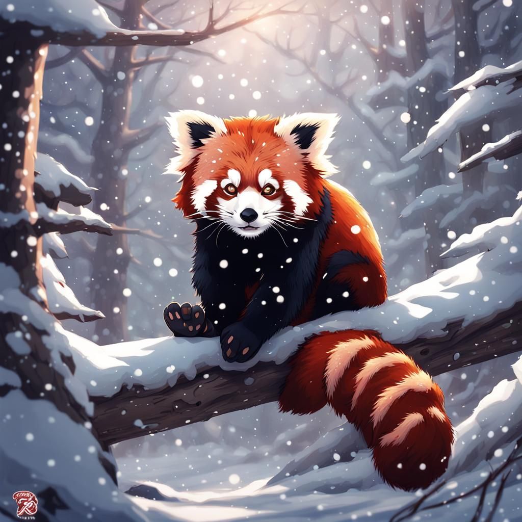 Red Panda in Snowy Forest, Anime Style