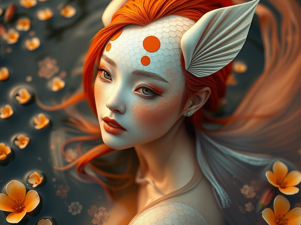 Surreal Asian Fantasy Woman Creature with Koi Fish Inspirati...