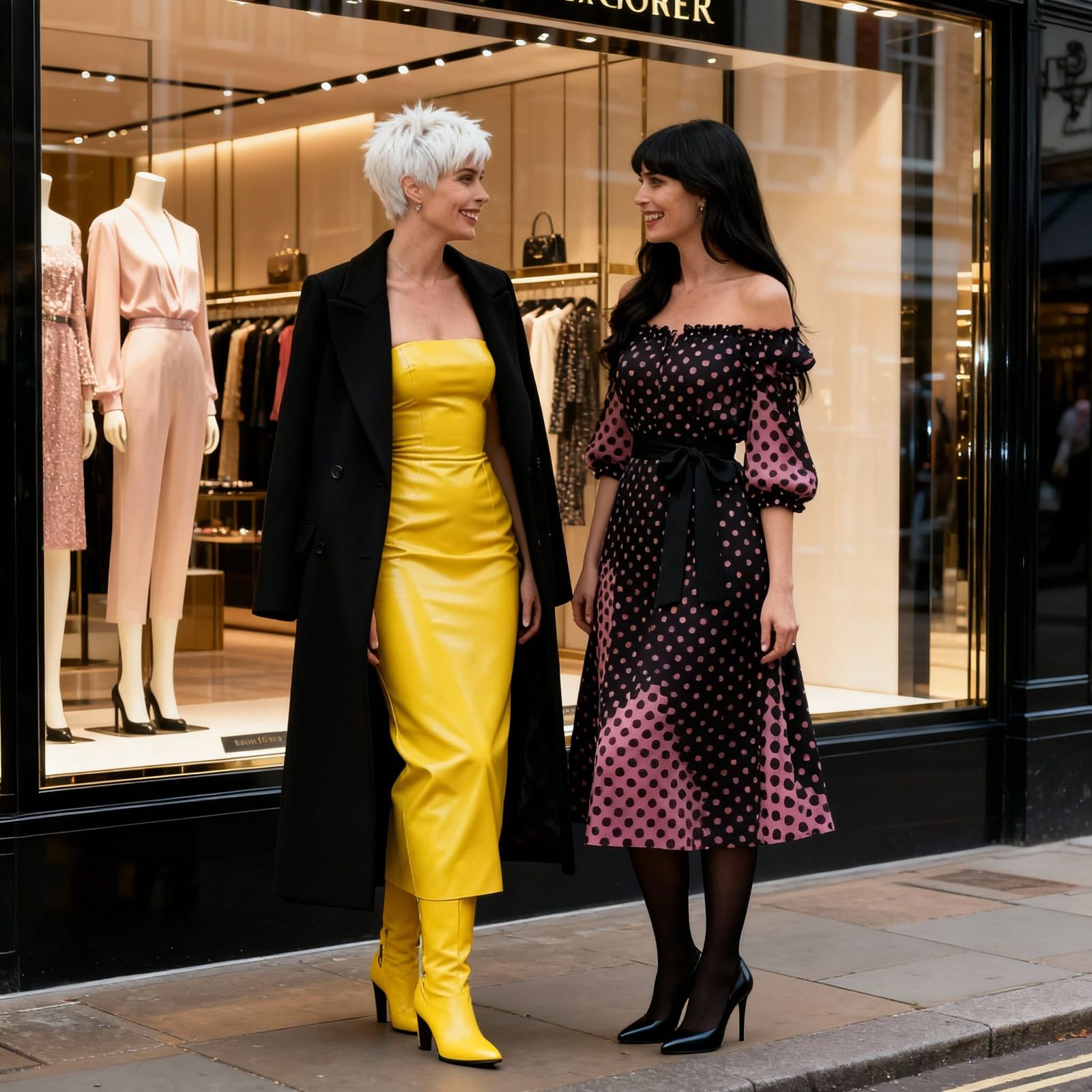 Women Smile at High-End Fashion Shop Window Display