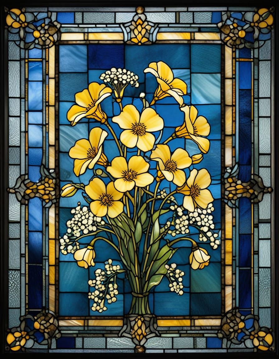 Victorian Primrose Stained Glass Artwork with Gold Lead Line...