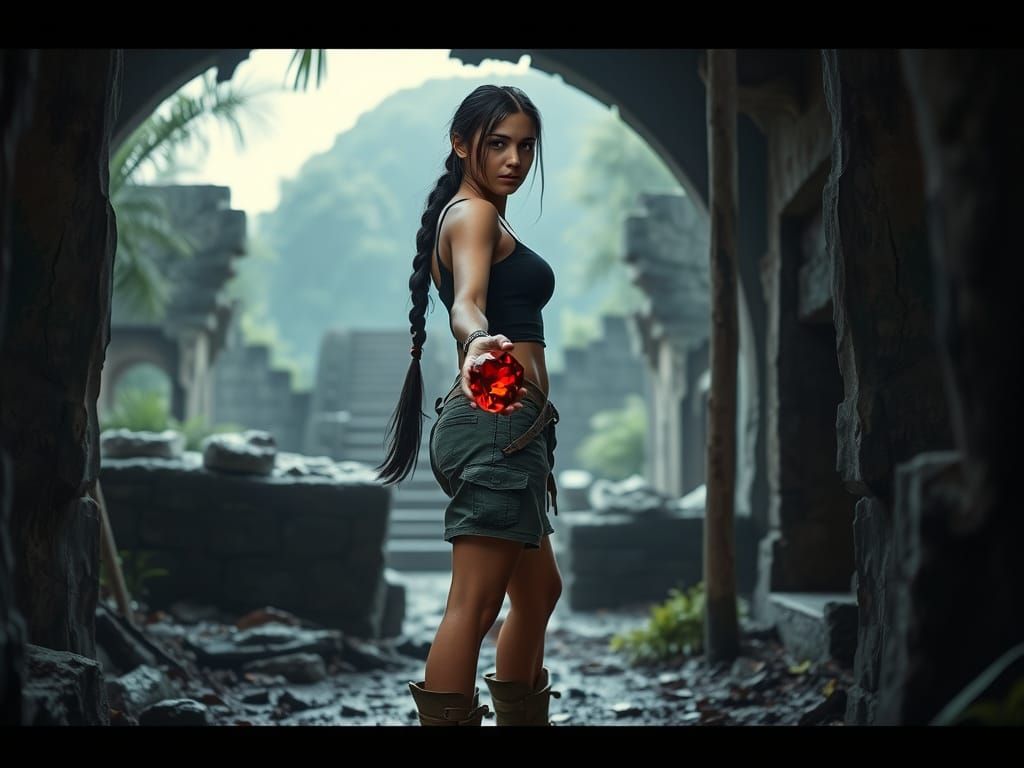 Lara Croft Inspired Adventurer at Inca Ruins