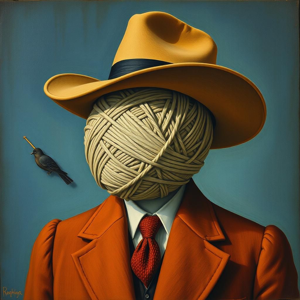 Surreal Yarn Man in Stetson, Magritte Style