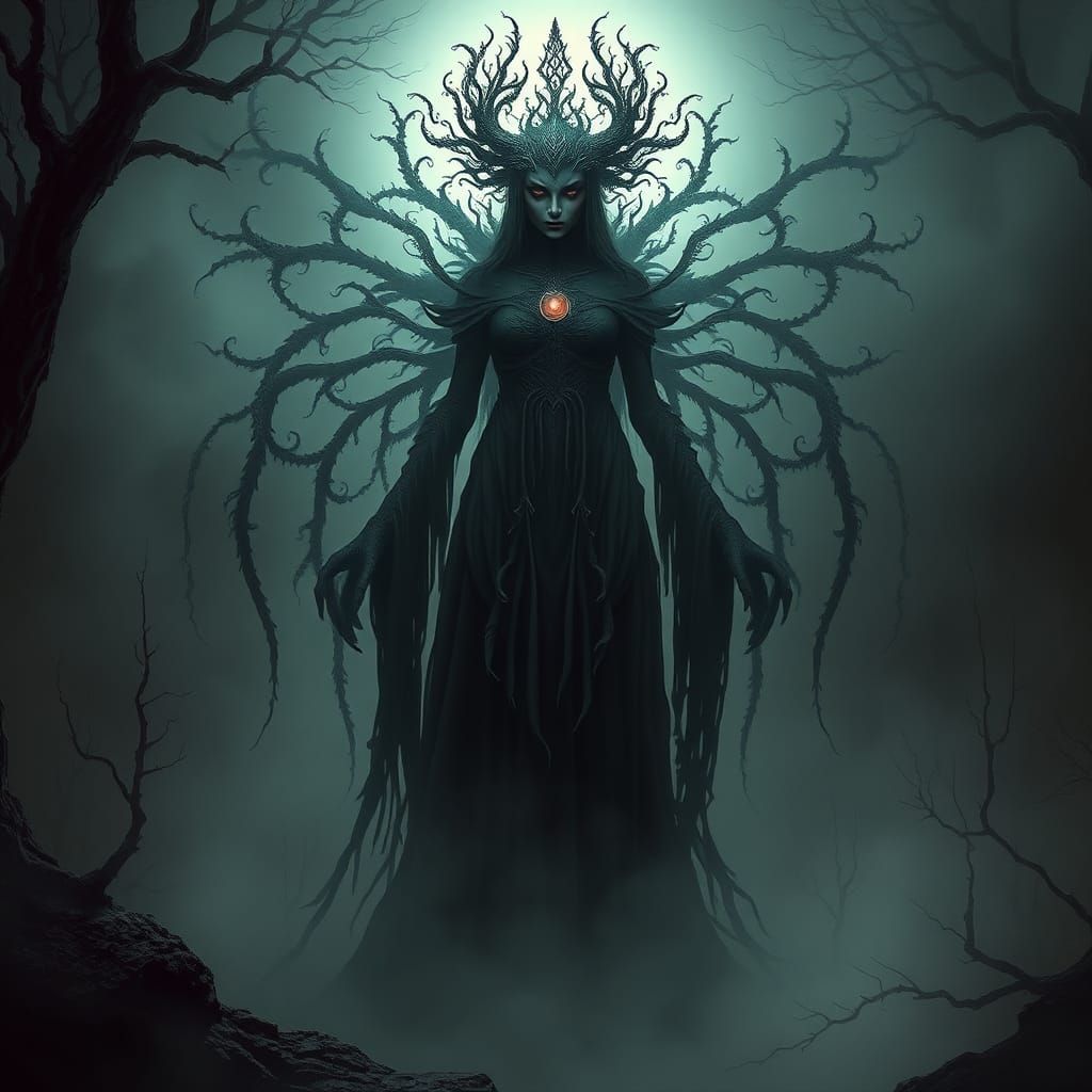 Ethereal Dark Goddess in Mystical Landscape