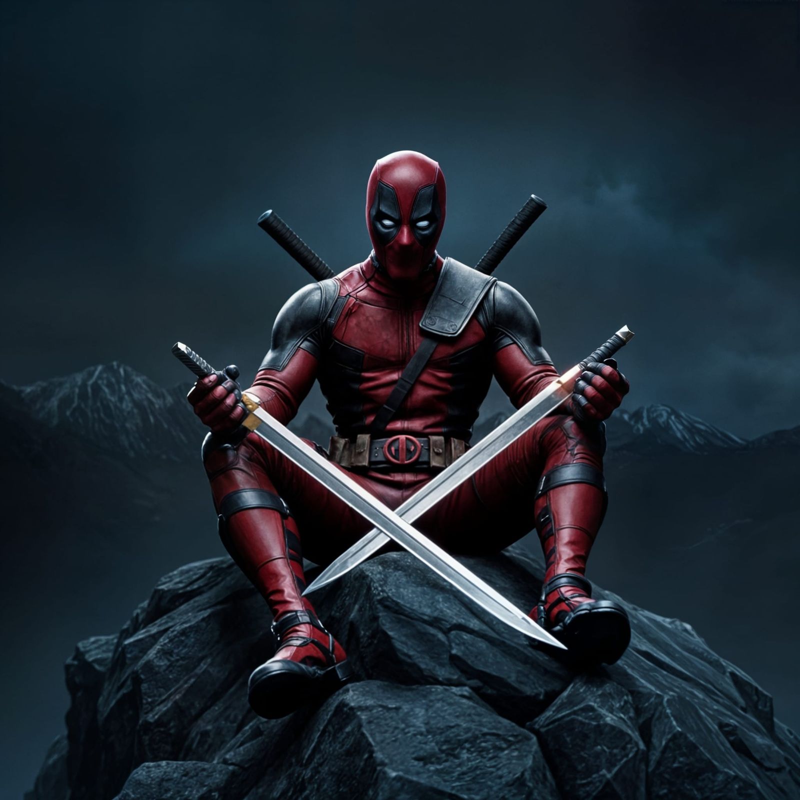 Deadpool Standing Tall in Dark Fantasy Landscape