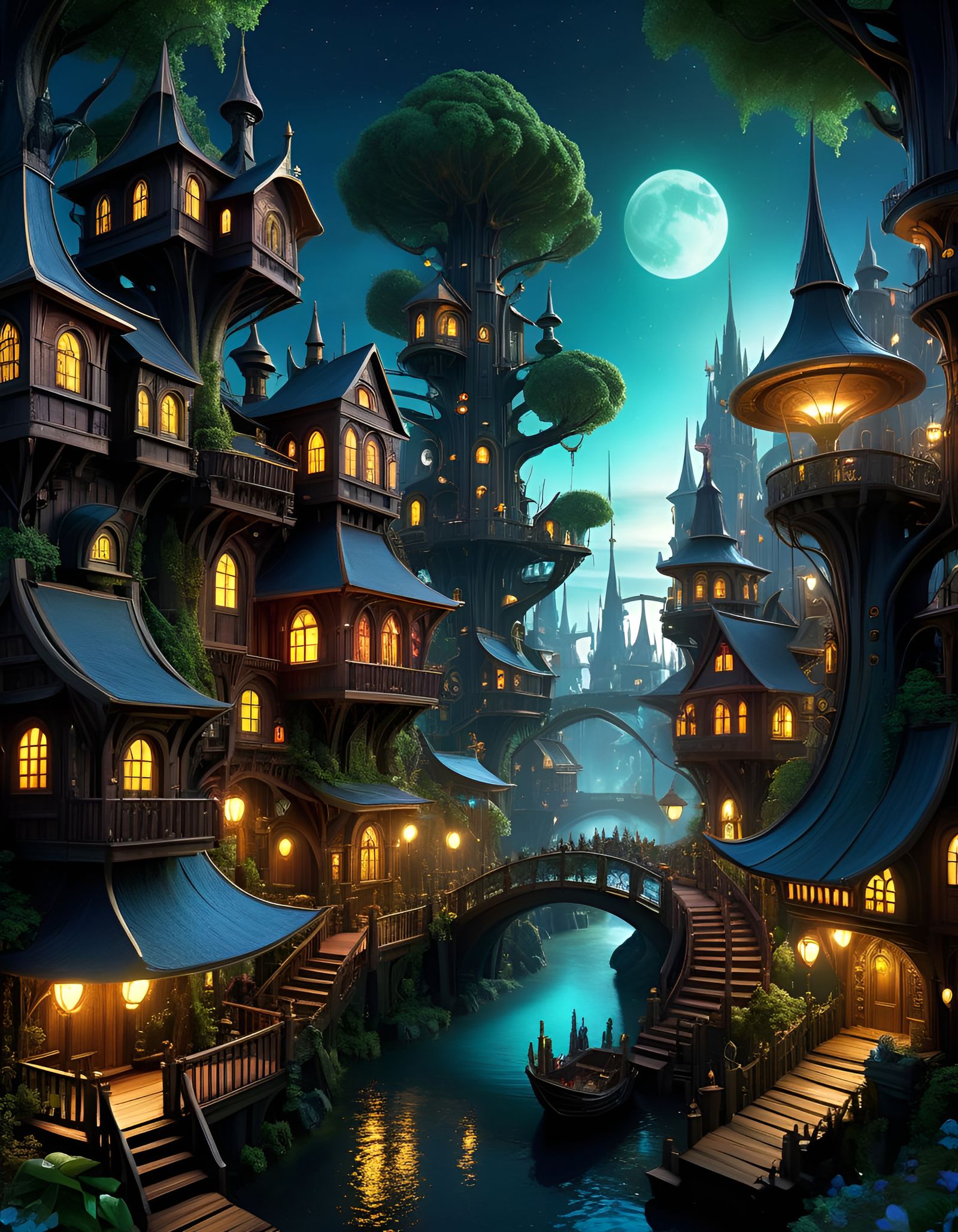 Goblincore Steampunk Tree City in Mystical Woods