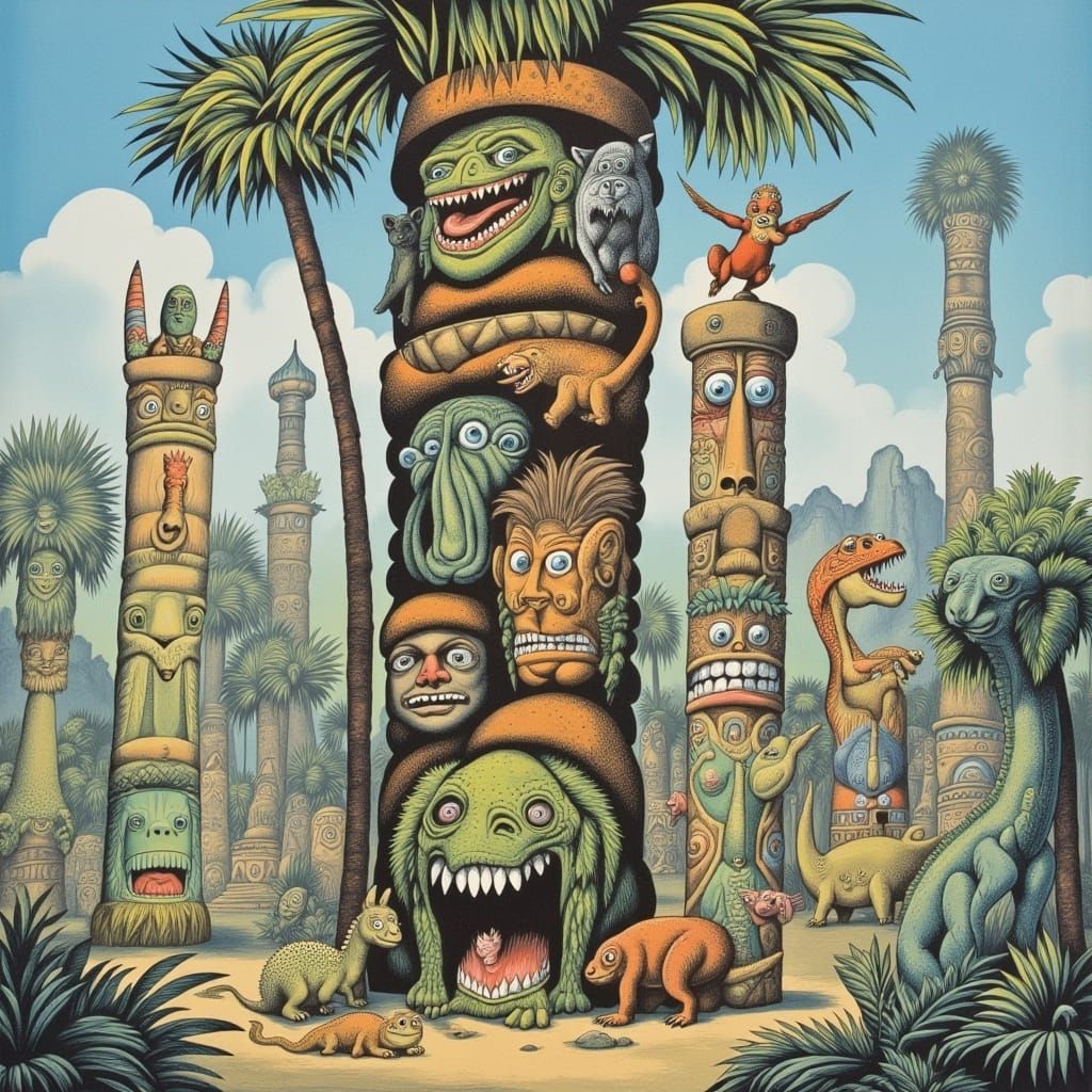 Surreal Totem Pole of Prehistoric Life in Bold Colors