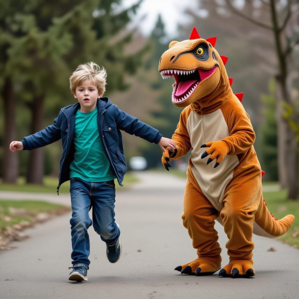 Child Fleeing Dinosaur Costume: A Jurassic Prank