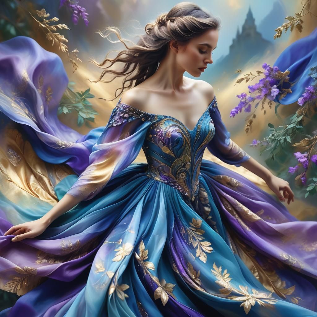 Girl in Blue and Purple Dress: Fantasy Concept Art