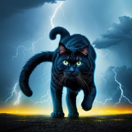 Cat Running in Thunderstorm: Vibrant Digital Art