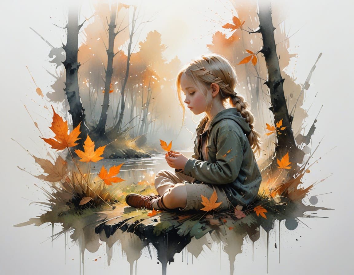 Child Observes Autumn Leaf in Painterly Watercolor Style
