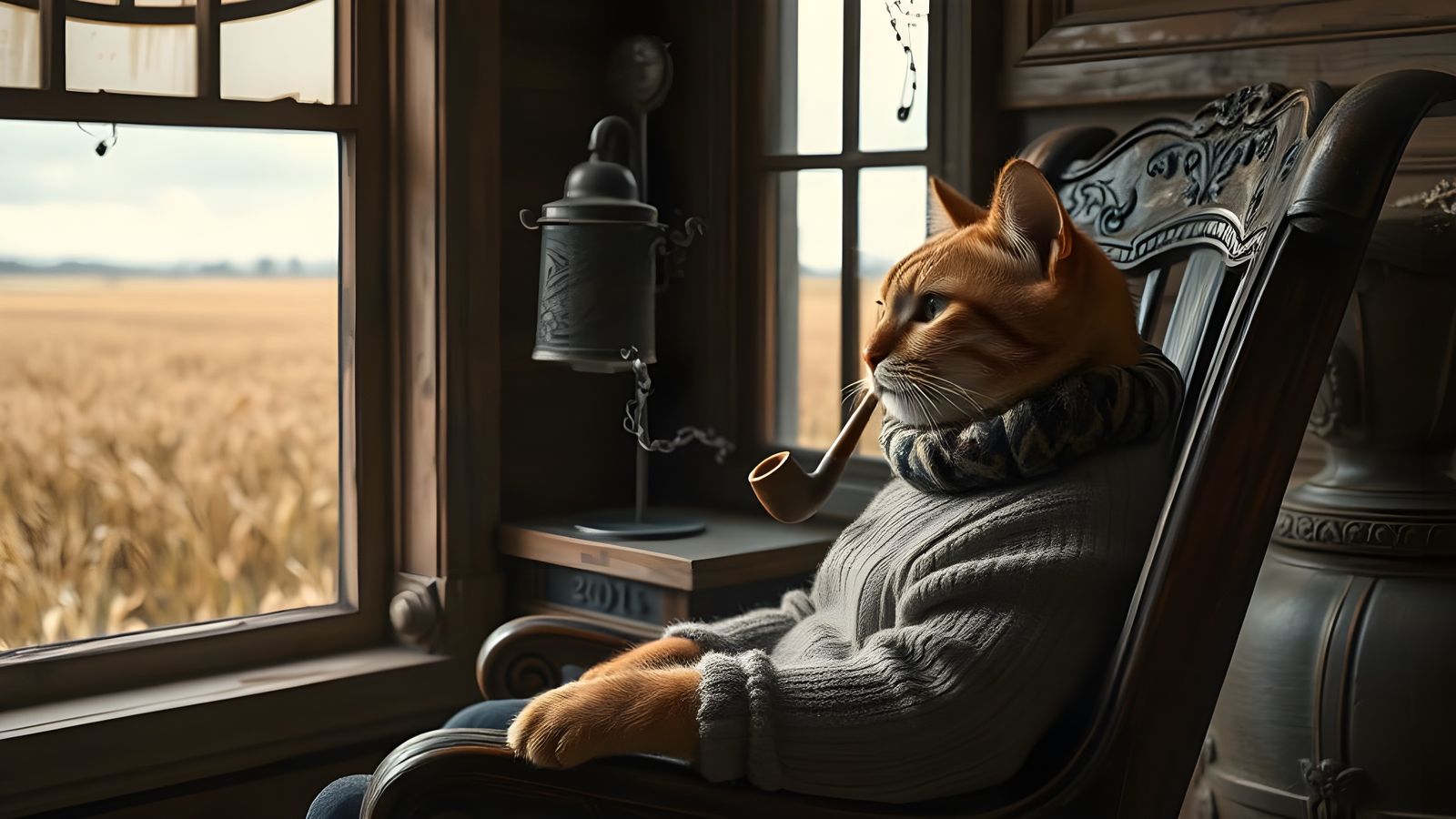 Vintage Cat Enjoying Pipe in 1920s Farmhouse