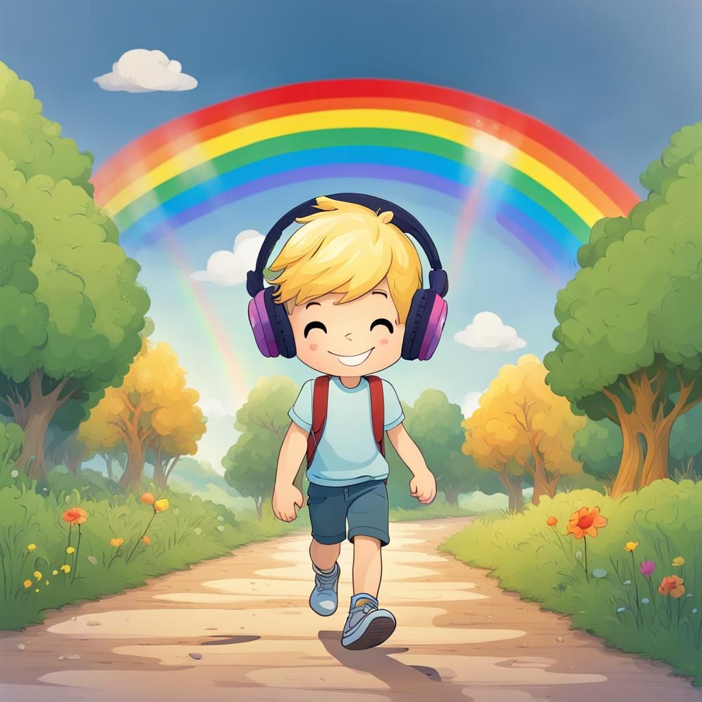 Boy with Headphones Walks Under a Rainbow