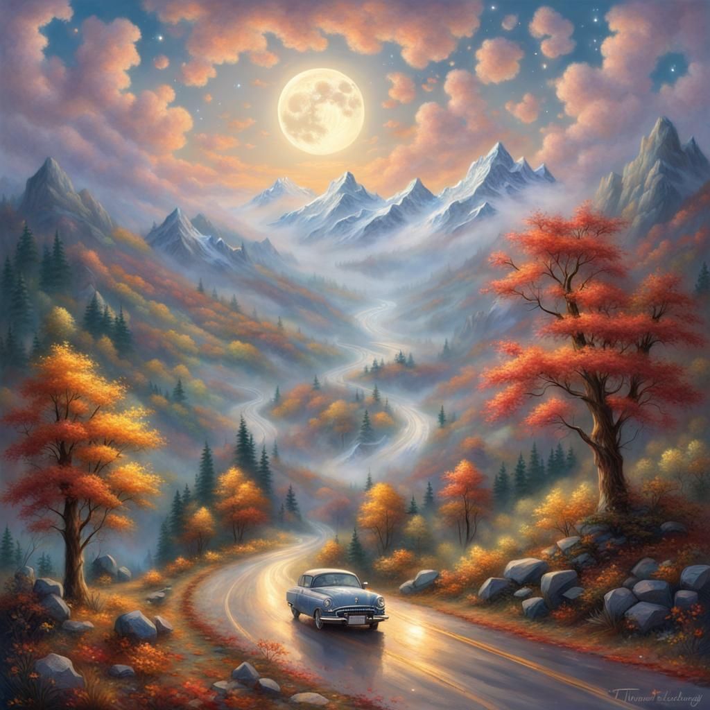 Ethereal Fantasy Landscape with Falling Leaves