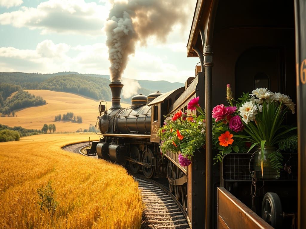 Vintage Steam Engine Chugs Through Golden Wheat Fields