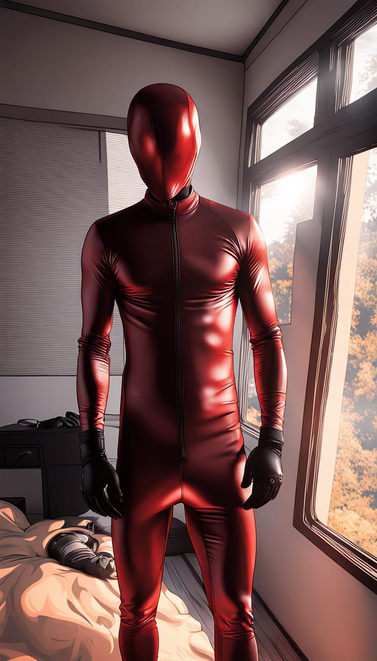 Hyper-Realistic Latex-Covered Muscular Figure in a Light-Fil...