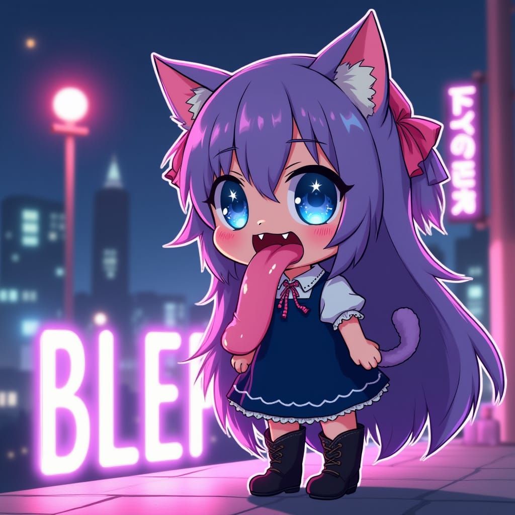 Chibi Catgirl Neon Spectacle in Synthwave Style