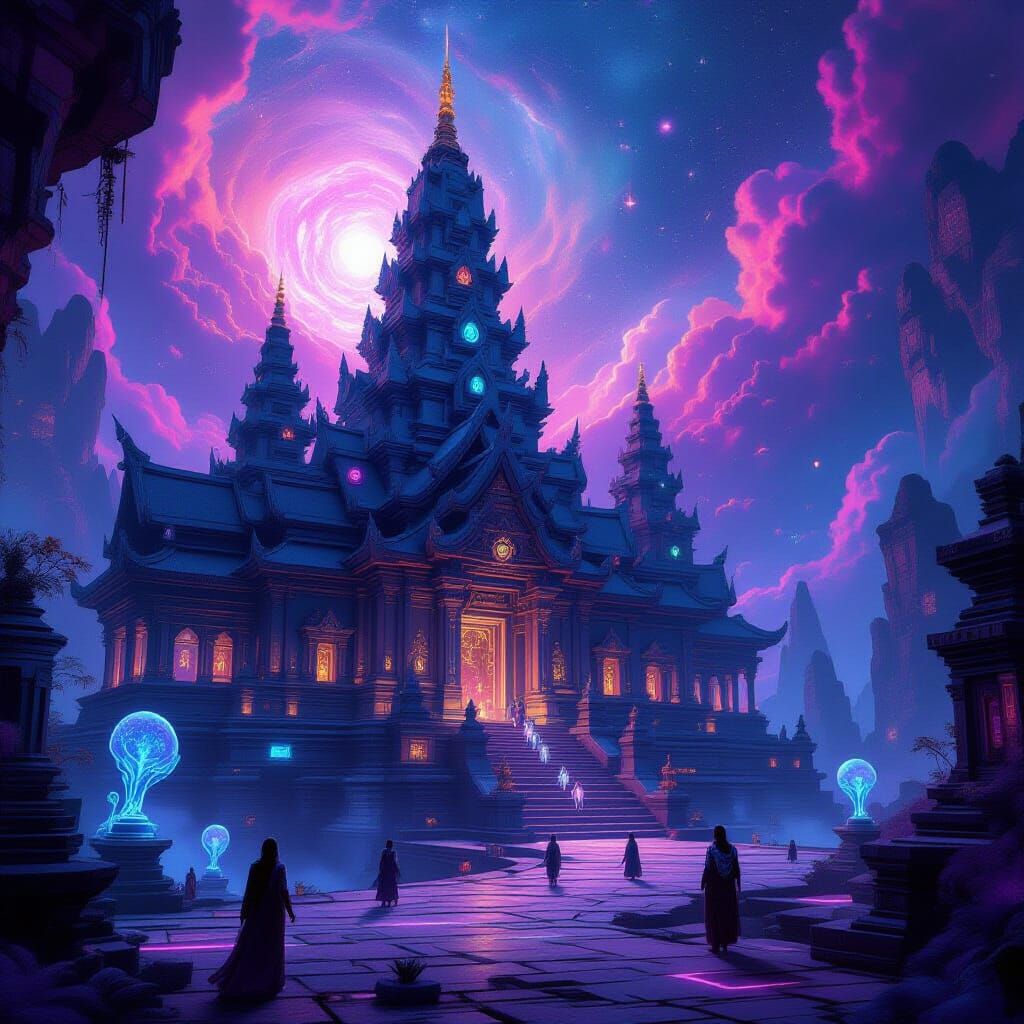 Floating Temple in Nebula with Synthwave Neon Circuits
