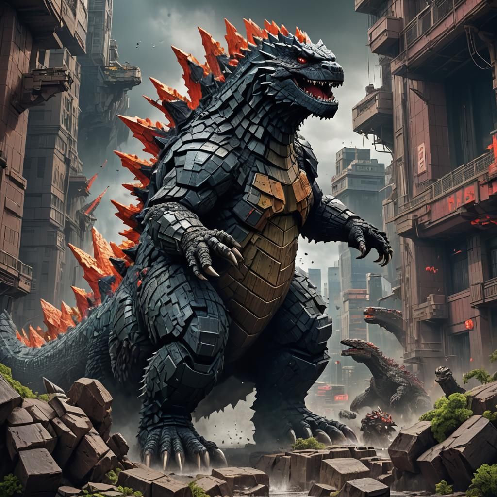 Blocky Godzilla Matte Painting in Unreal Engine