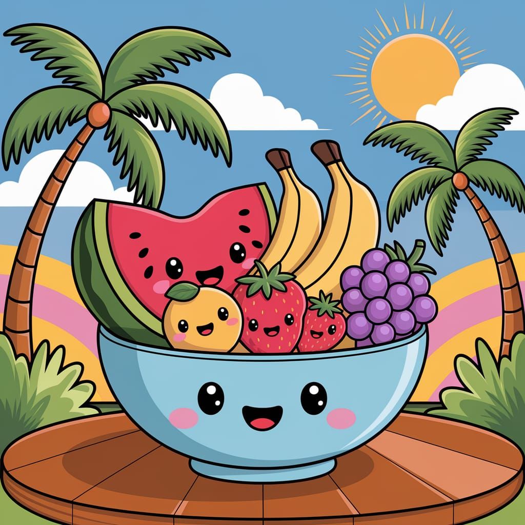 Cheerful Kawaii Fruit Bowl in Tropical Setting