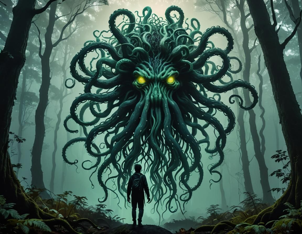 Bioluminescent Medusa in Misty Forest