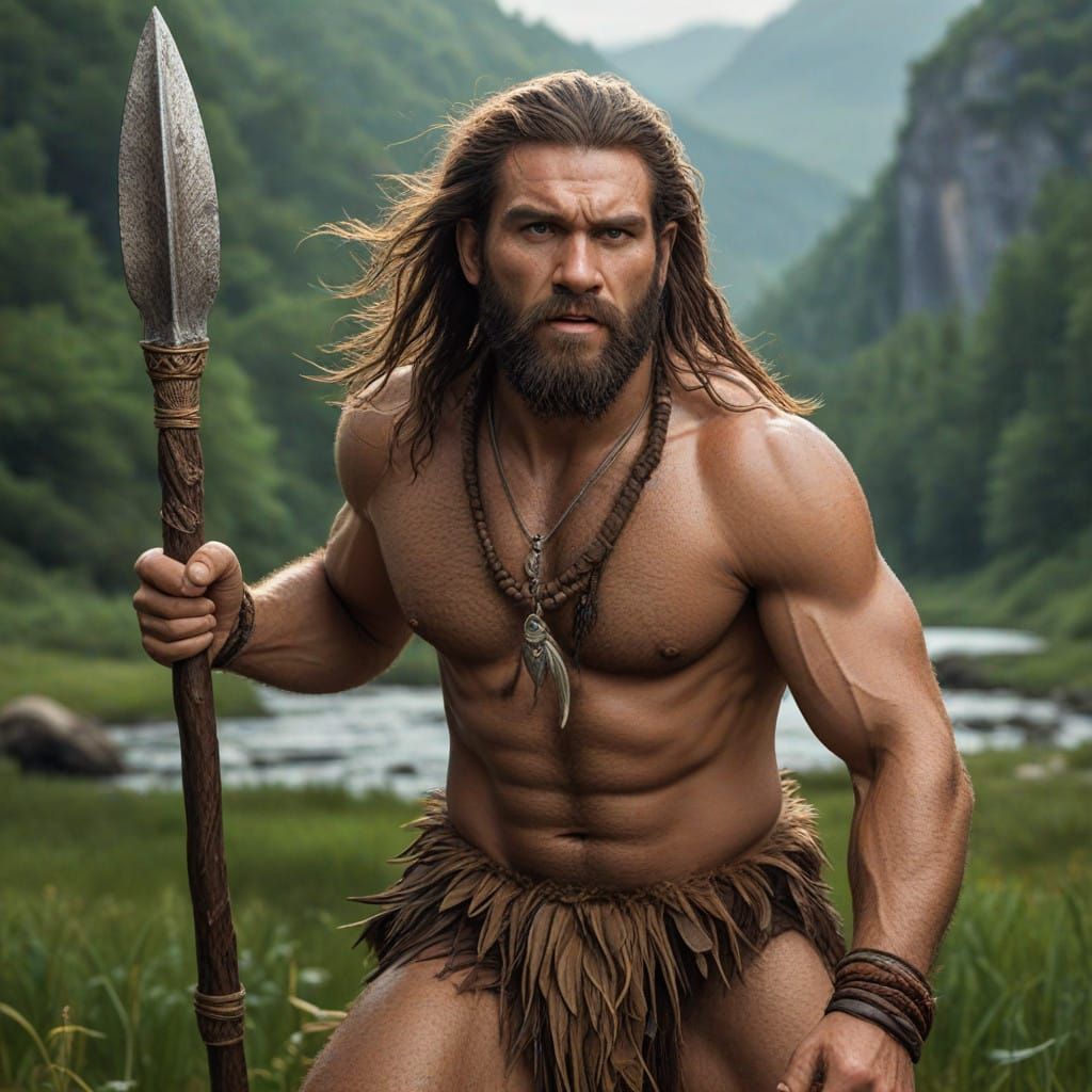 Fearful Caveman Warrior in Hyperrealistic Wilderness Scene