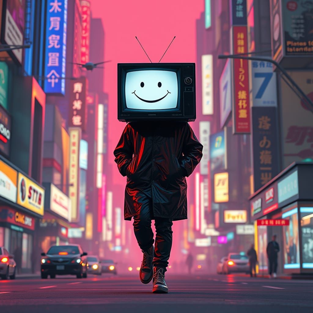 TV Head Man Walks Cyberpunk Cityscape