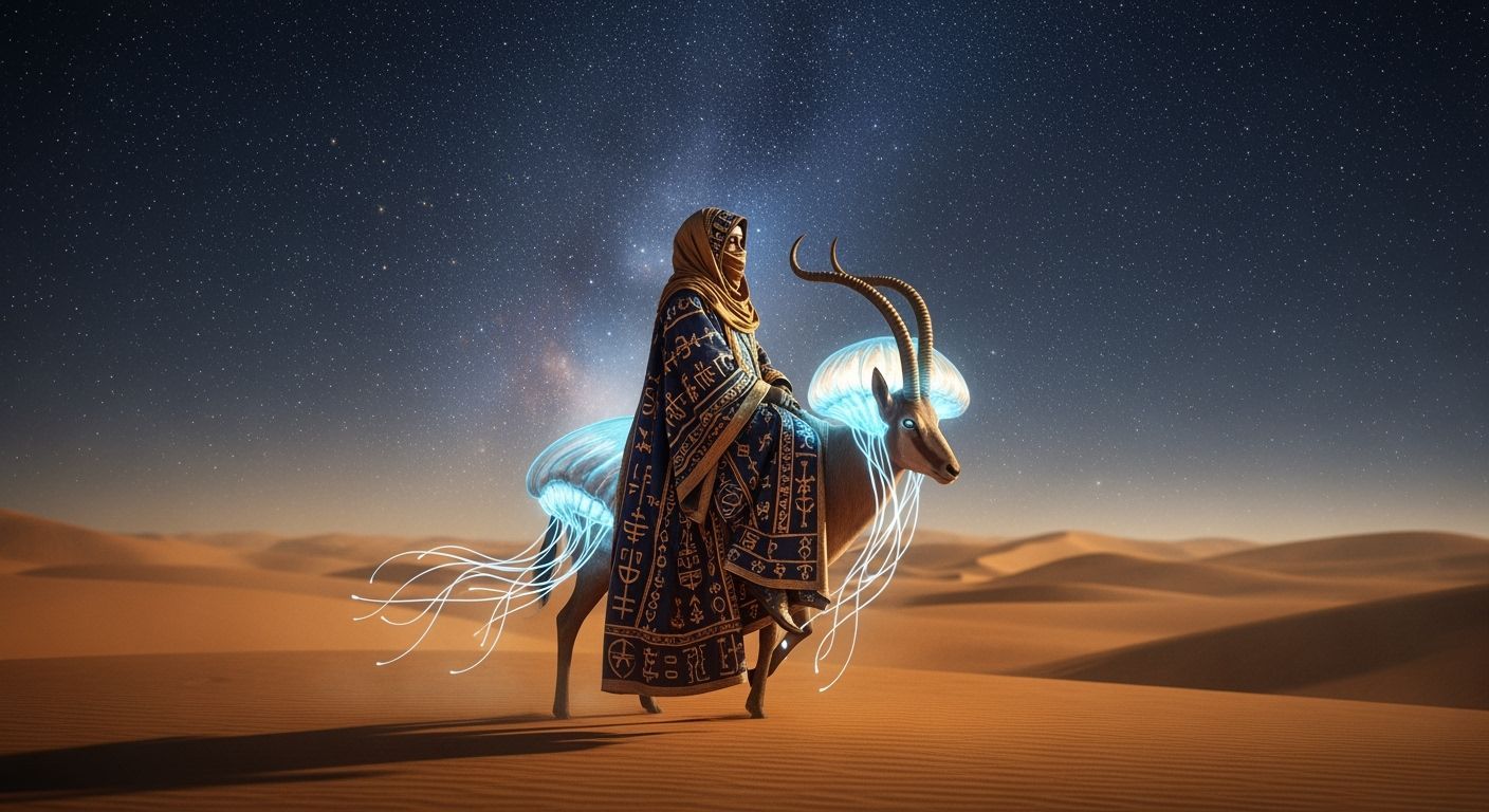 African Traveler Rides Bioluminescent Creature Through Starr...