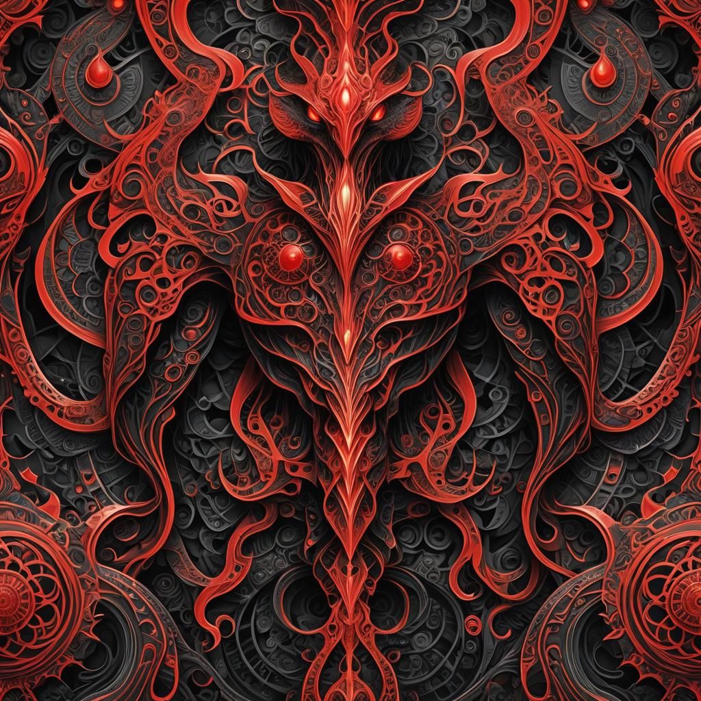 Red and Black Golem Transforms into Simorgh: Fractal Art