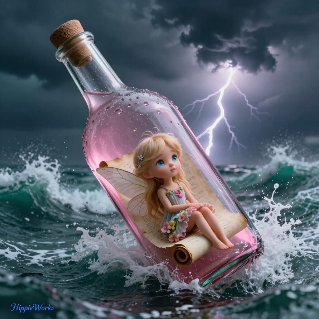 Giant Pink Bottle Adrift in Stormy Ocean with Fairy Inside