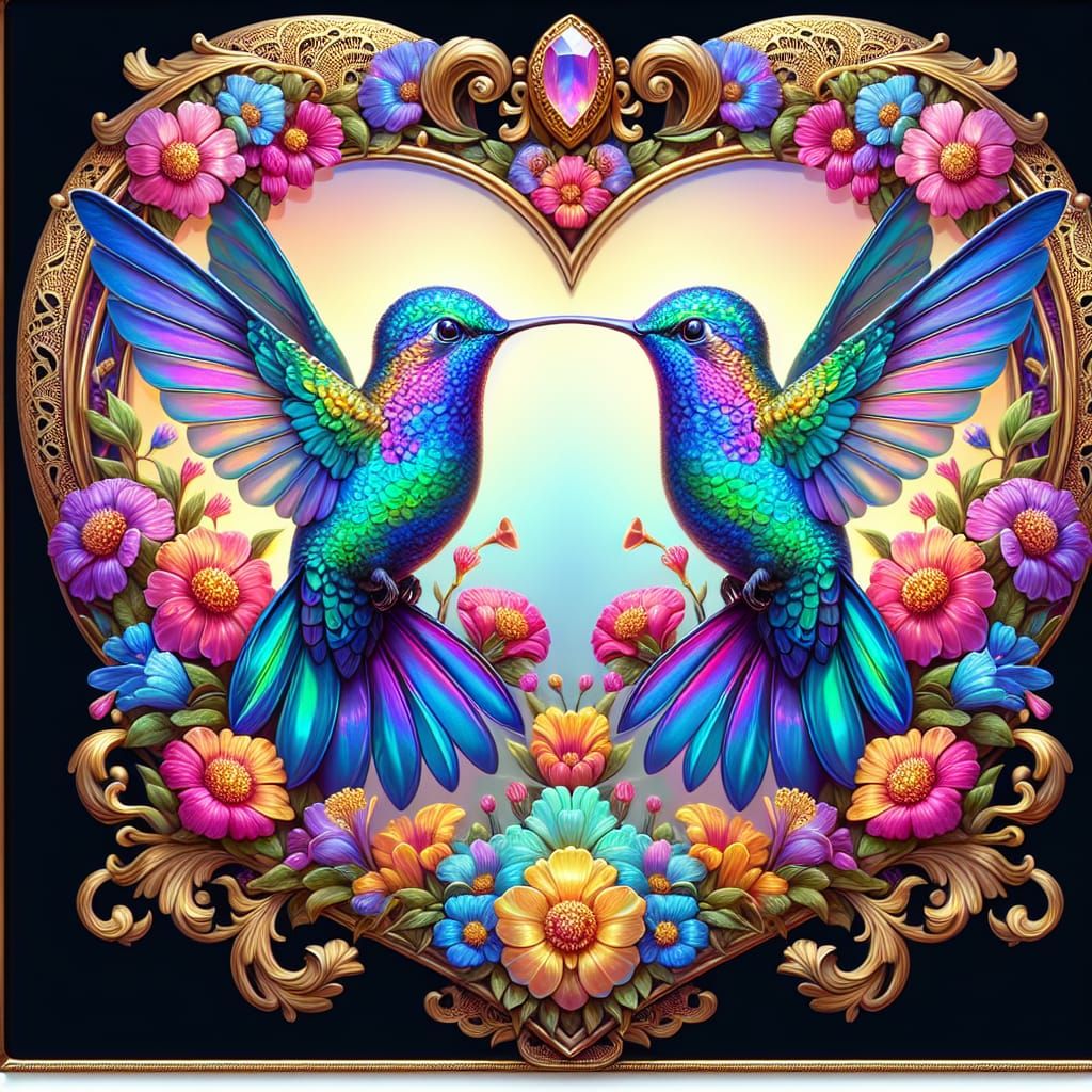 Iridescent Hummingbirds in Heart Frame, Pastel Colors