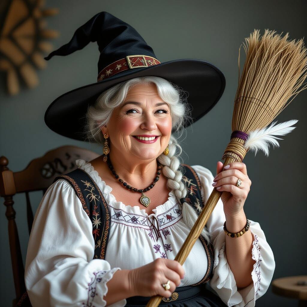 Enchanting Elderly Witch Cleans Her Broom