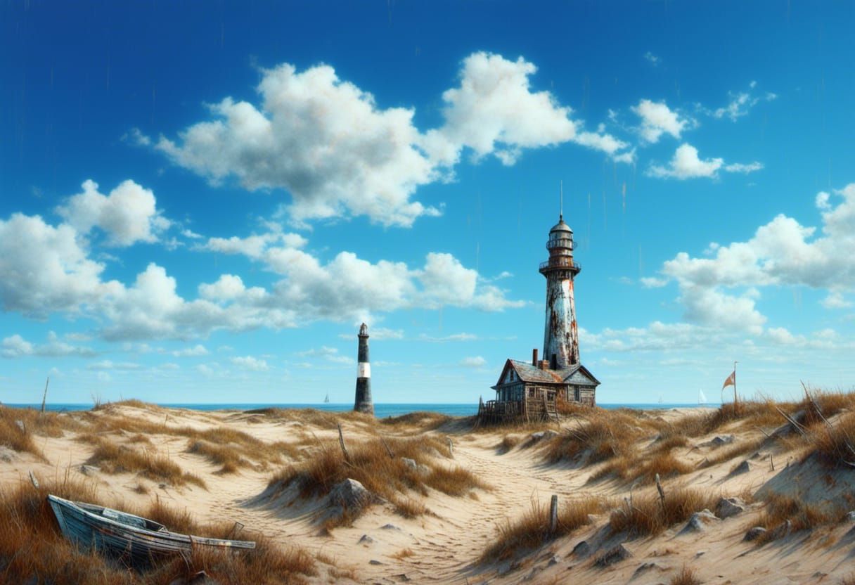 Hyperrealistic Lighthouse and Sailing Ship Collage