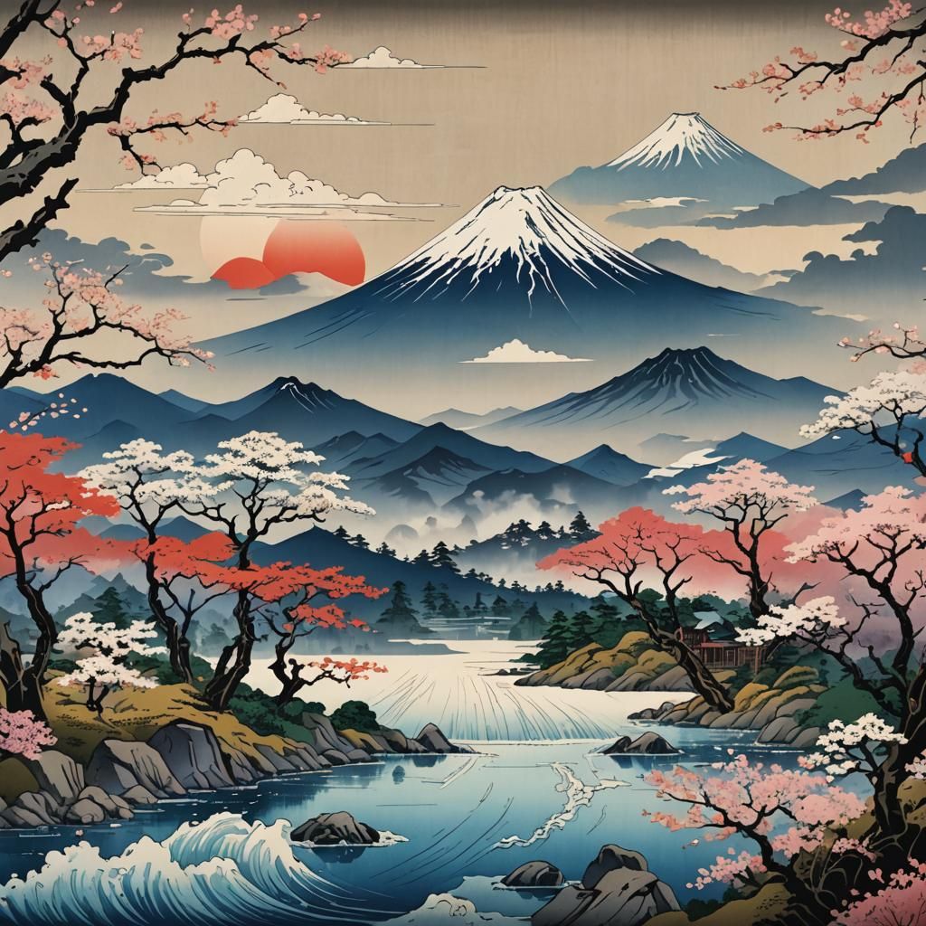 Mount Fuji Landscape in Ukiyo-e Style
