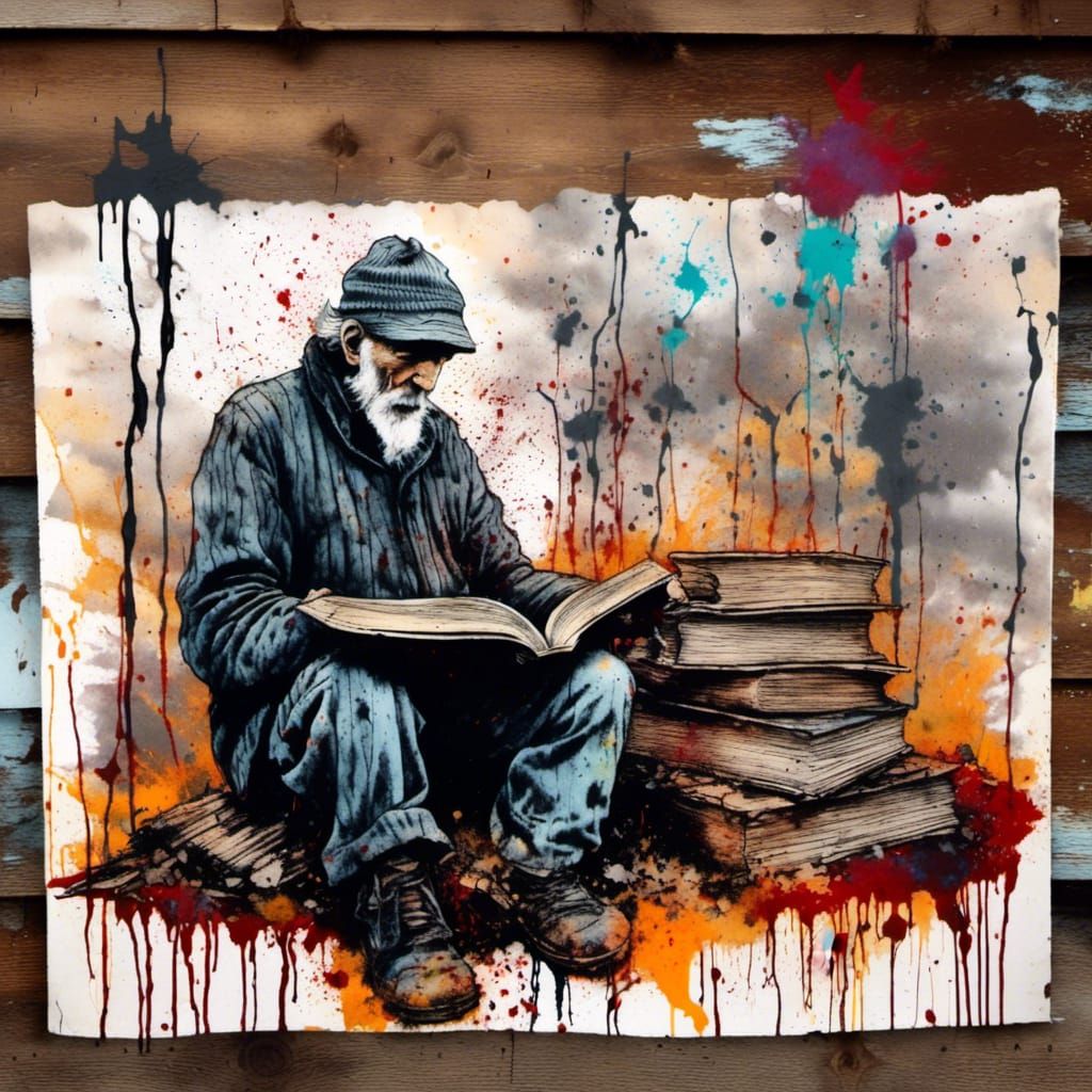 Sad Old Man Reads in Graffiti Cabin