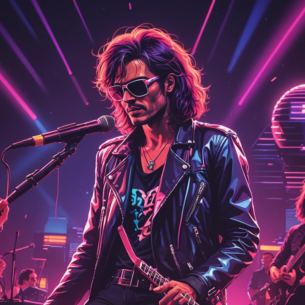 Synthwave Rock Singer Concert at Night