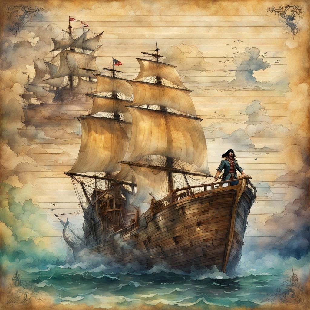 Pirate Ship on Journal Page in Watercolor Style