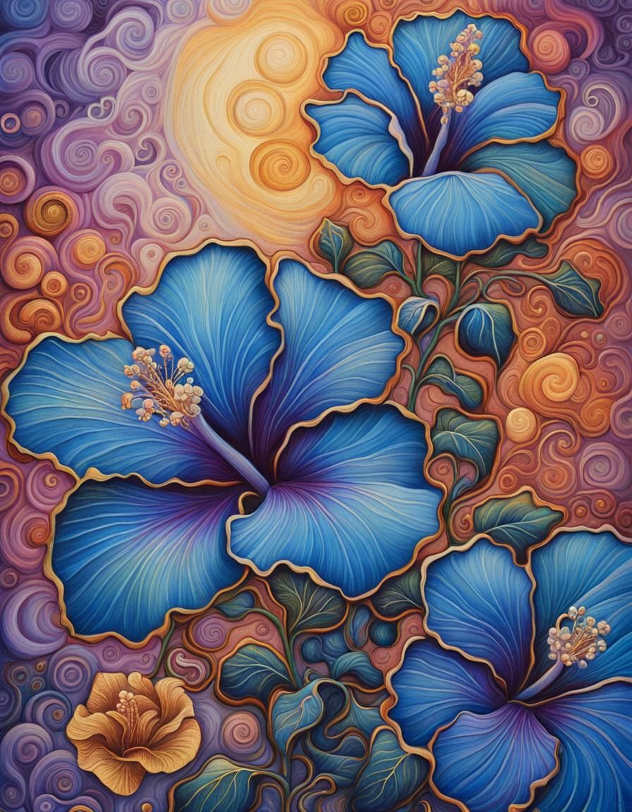 Vibrant Hibiscus Blooms in Visionary Oil Painting