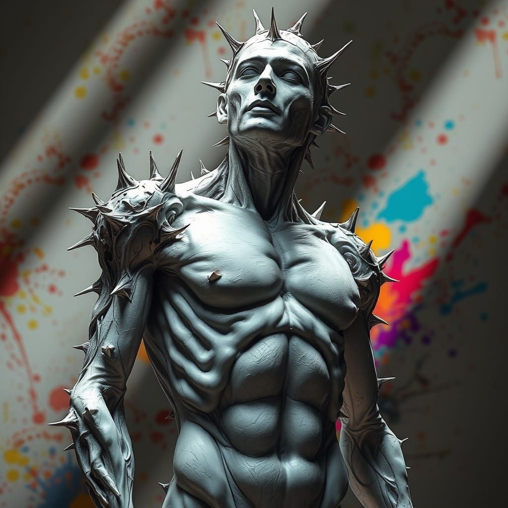 Hyperrealistic Torso Sculpture with Shattered Thorns