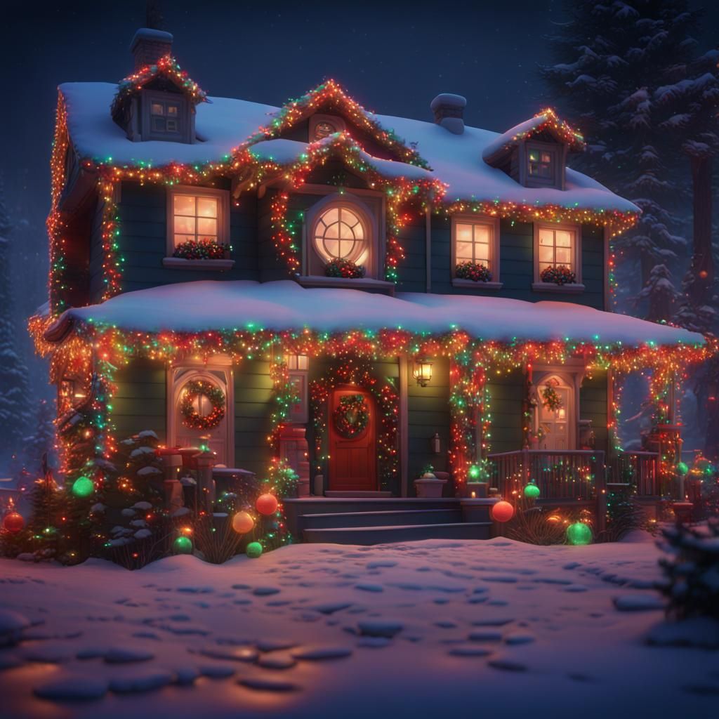 Festive House Aglow with Christmas Lights
