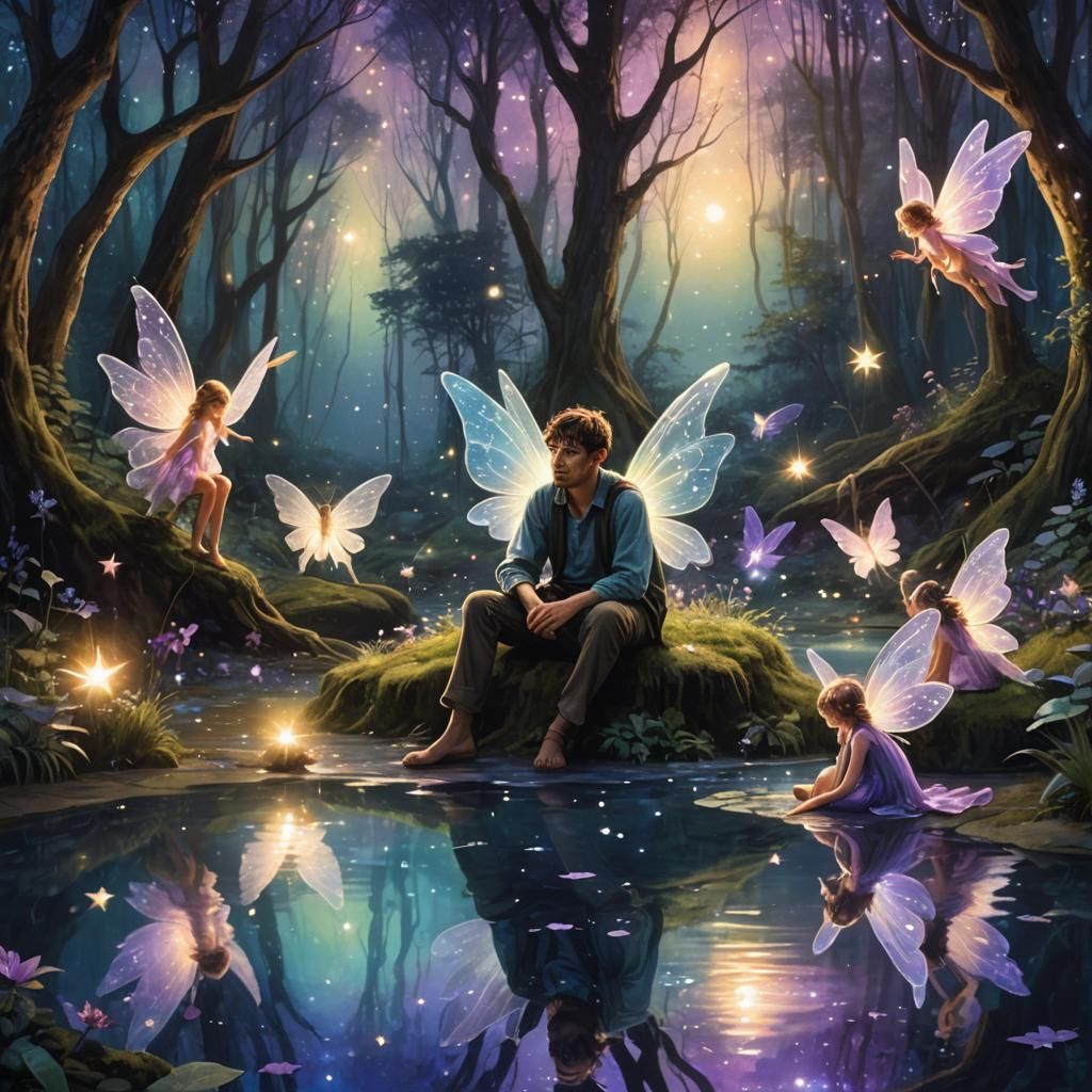 Magical Forest Scene with Fairies, Watercolor Style