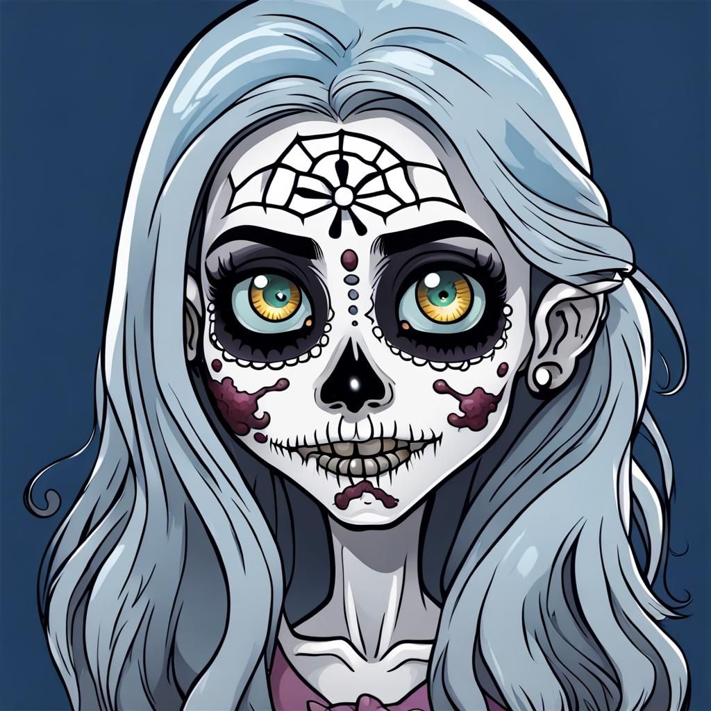 Cartoon Zombie Girl with Sugar Skull Makeup