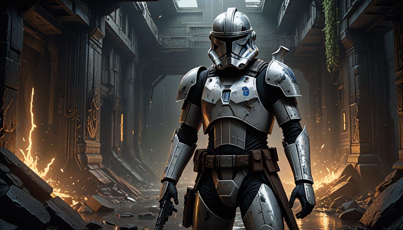 Heroic Clone Trooper in Dark Fantasy Art Style