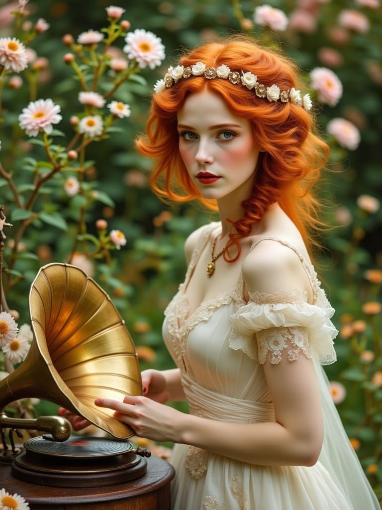Ethereal 1920s Woman Enchanted by Garden Music