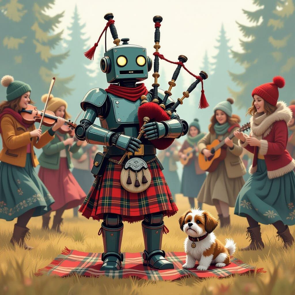 Robotic Bagpiper Serenade in Folk Art Style